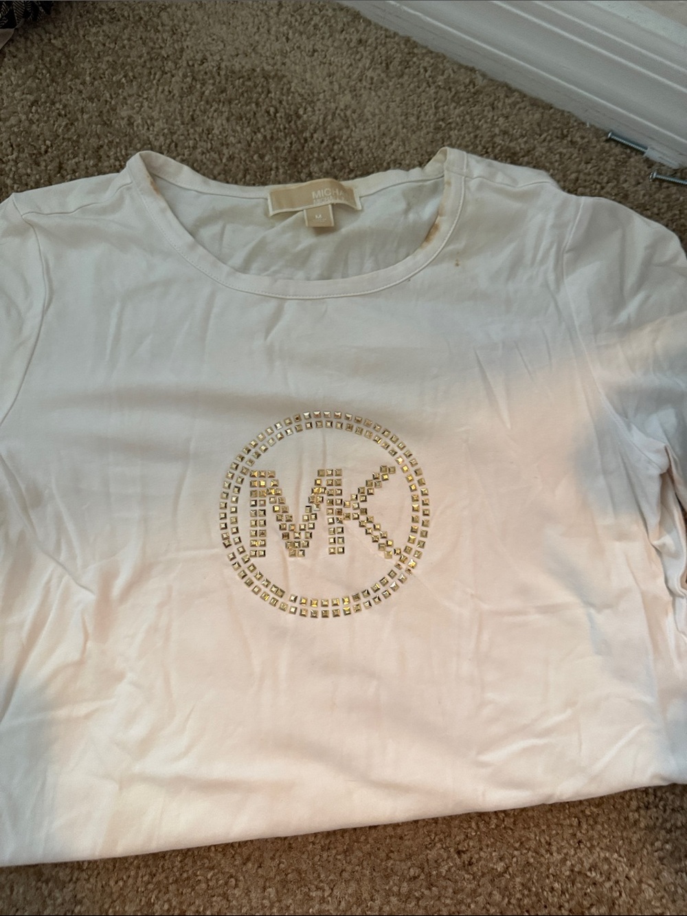 Michael Kors White Tee with Gold Studded MK Emblem